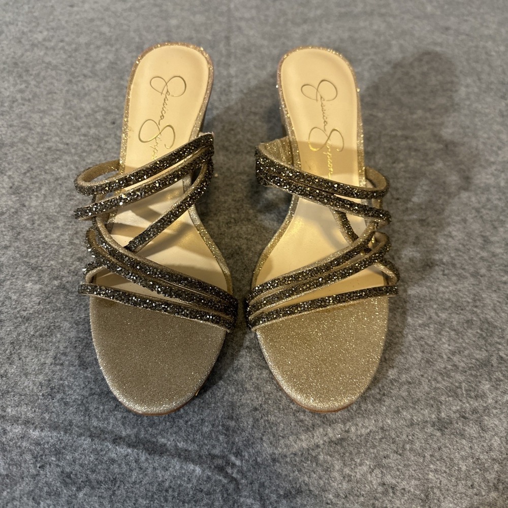 JESSICA SIMPSON Champagne Glittered 7 1/2 Strappy Wedge Slip On Open Toe Sandals